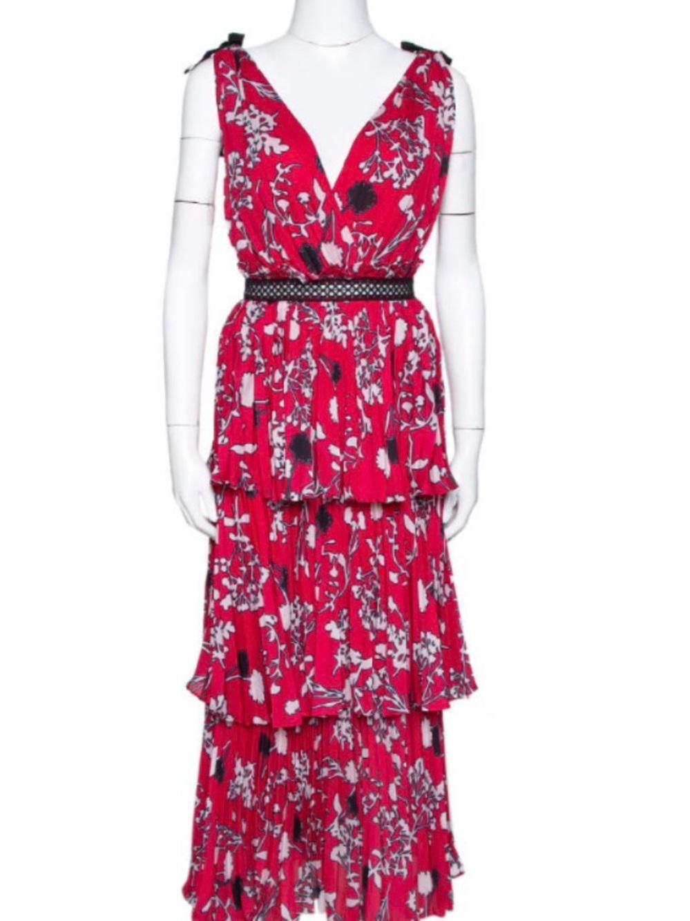 Self-Portrait Red Floral Tiered V-Neck Maxi Dress
